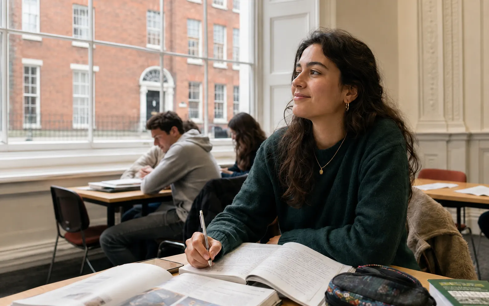 Étudiante qui travaille son anglais dans une salle de cours à Dublin